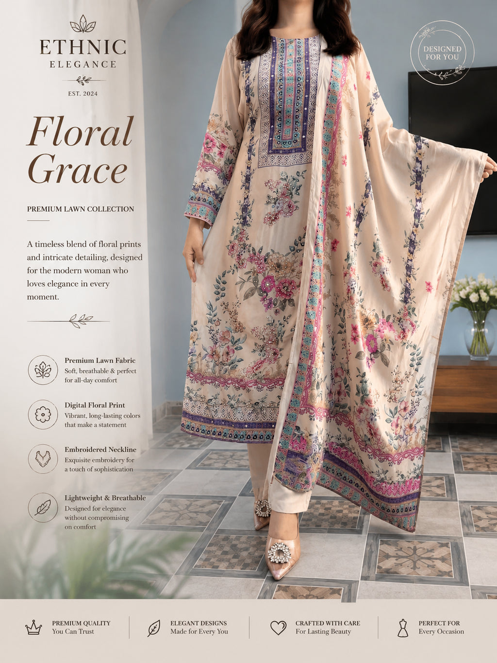 Luxury Pastel Cream Floral Printed Muslin Suit Set with Designer Dupatta