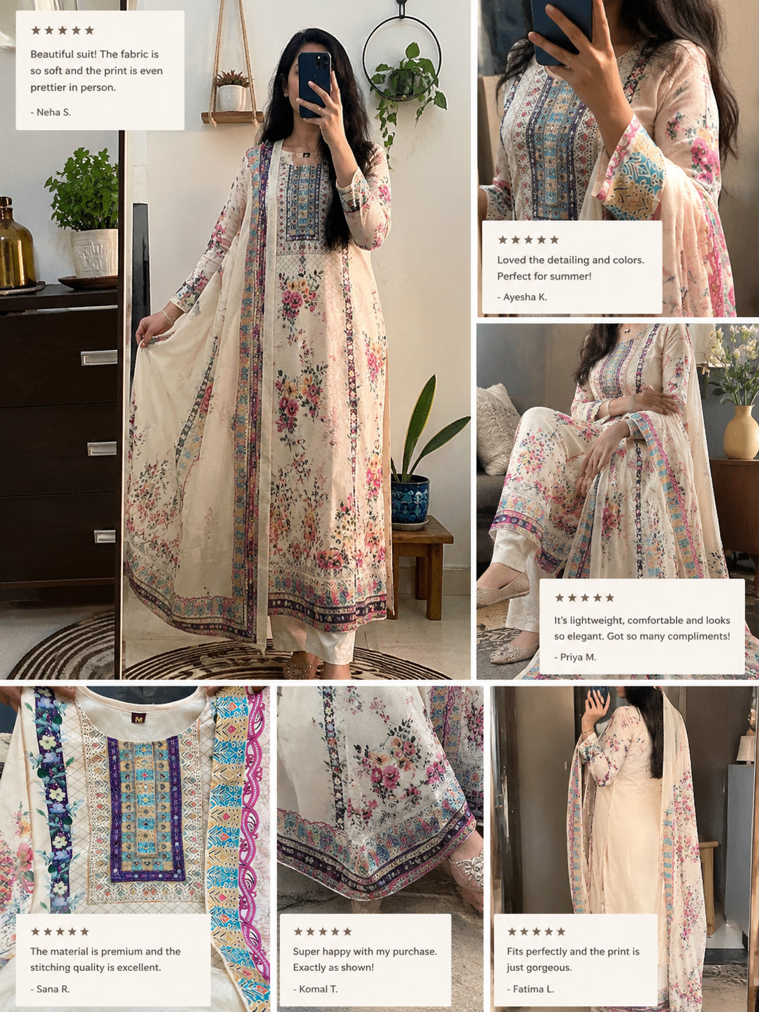 Luxury Pastel Cream Floral Printed Muslin Suit Set with Designer Dupatta
